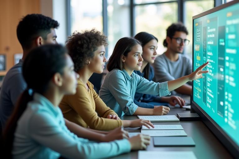 Un groupe de personnes étudiant autour d'un écran interactif affichant des données éducatives.